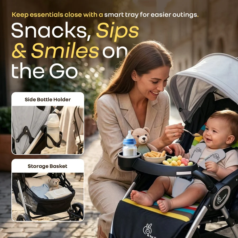 Chocolate Ride Stroller For Kids Reversible Handle, Multiple Recline Positions, Cup Holder with Meal Tray, 5 Point Safety Harness, Storage Basket - Rainbow - Image 4