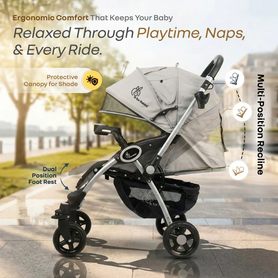Chocolate Ride Stroller For Kids Reversible Handle, Multiple Recline Positions, Cup Holder with Meal Tray, 5 Point Safety Harness, Storage Basket - Rainbow - Image 5