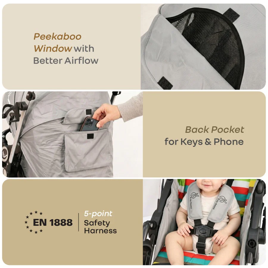 Chocolate Ride Stroller For Kids Reversible Handle, Multiple Recline Positions, Cup Holder with Meal Tray, 5 Point Safety Harness, Storage Basket - Rainbow - Image 8