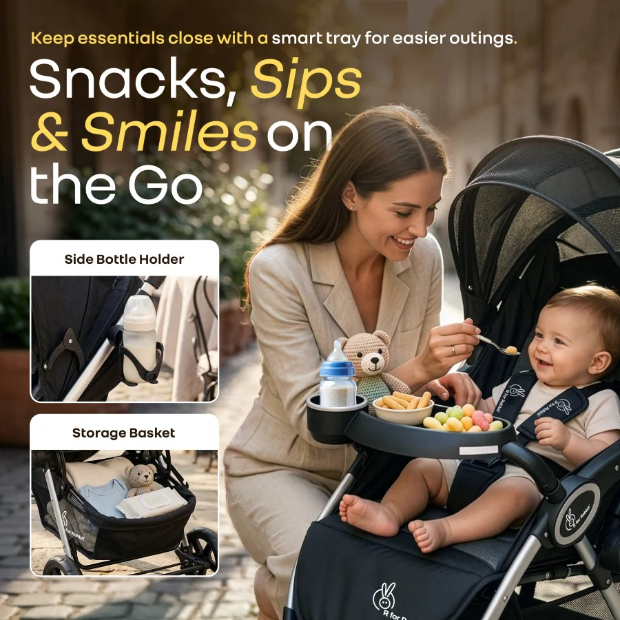 Chocolate Ride Stroller For Kids Reversible Handle, Multiple Recline Positions, Cup Holder with Meal Tray, 5 Point Safety Harness, Storage Basket - Black Grey - Image 4