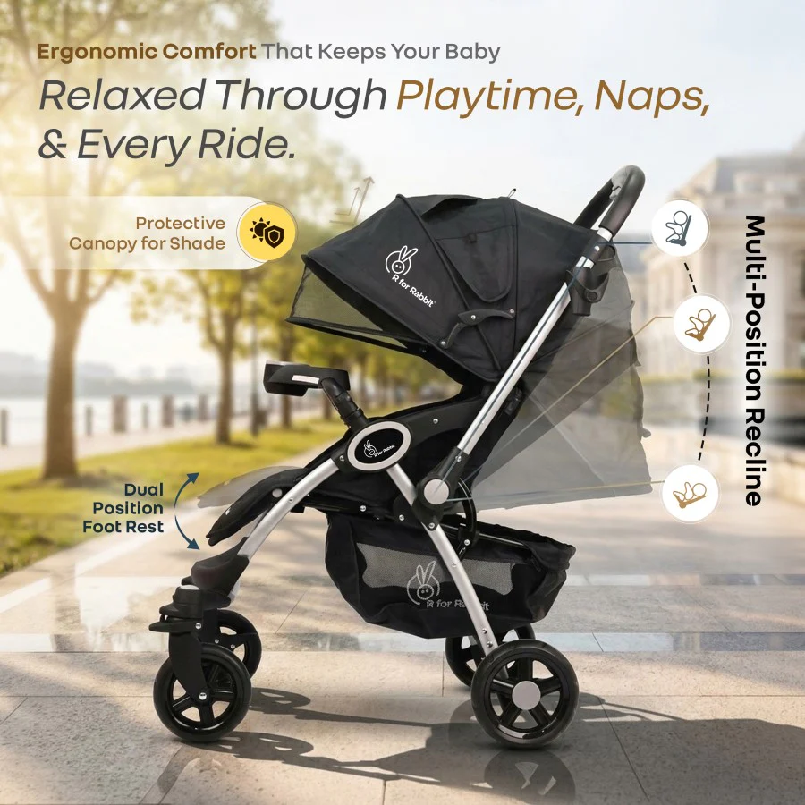 Chocolate Ride Stroller For Kids Reversible Handle, Multiple Recline Positions, Cup Holder with Meal Tray, 5 Point Safety Harness, Storage Basket - Black Grey - Image 5