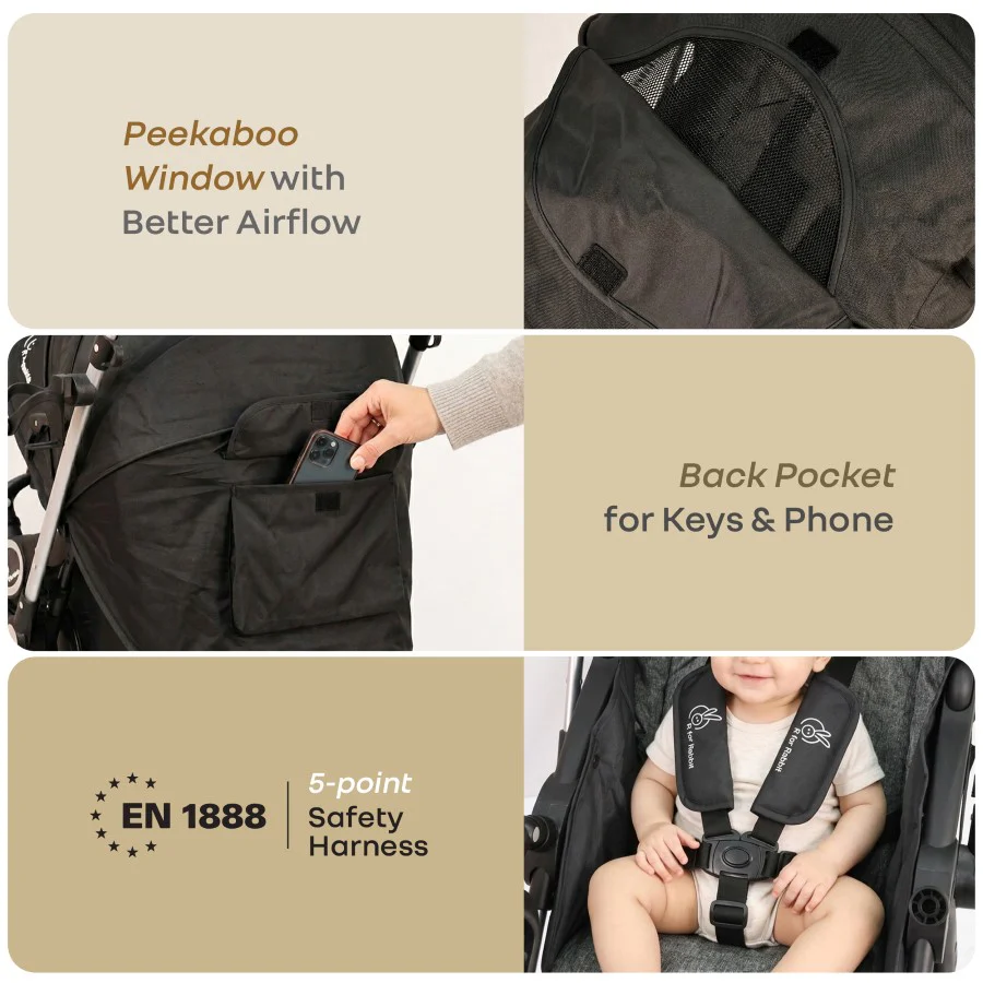 Chocolate Ride Stroller For Kids Reversible Handle, Multiple Recline Positions, Cup Holder with Meal Tray, 5 Point Safety Harness, Storage Basket - Black Grey - Image 8
