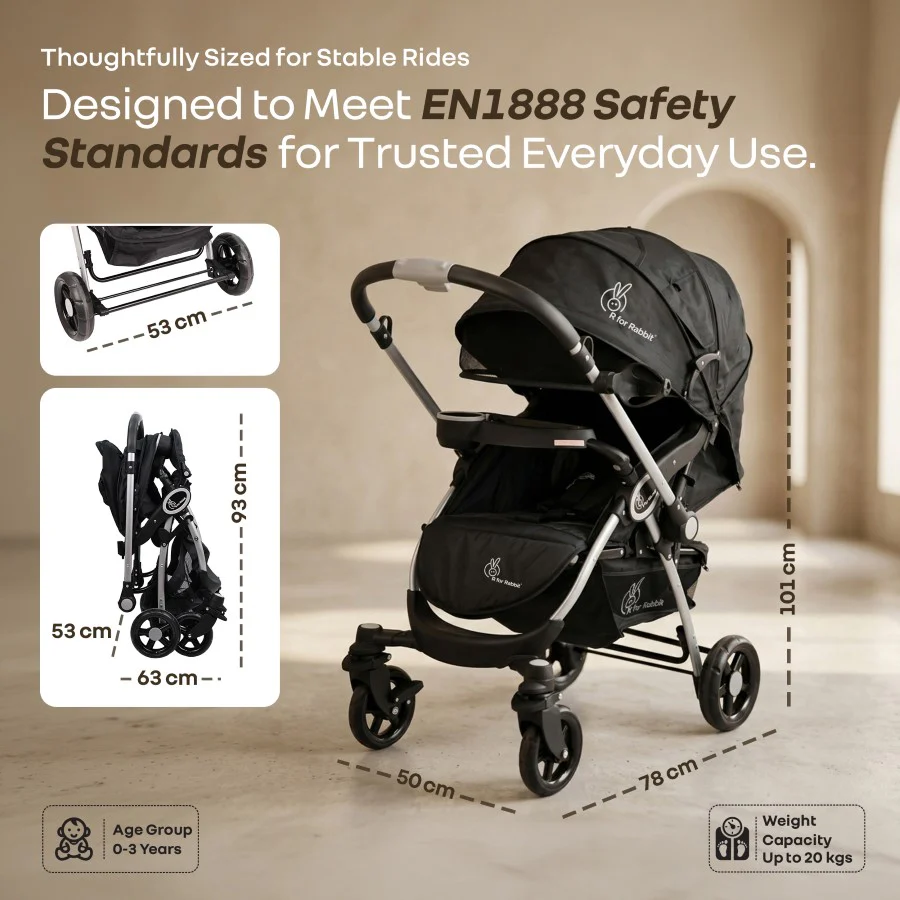 Chocolate Ride Stroller For Kids Reversible Handle, Multiple Recline Positions, Cup Holder with Meal Tray, 5 Point Safety Harness, Storage Basket - Black Grey - Image 9