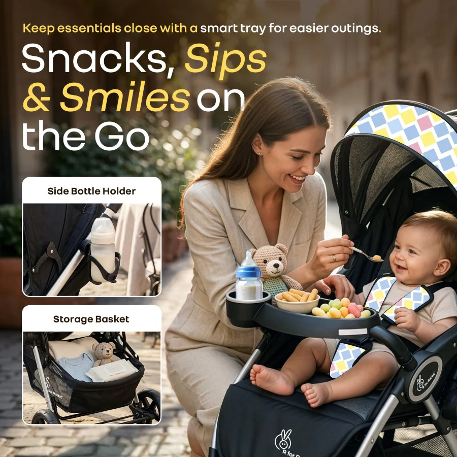 Chocolate Ride Stroller For Kids Reversible Handle, Multiple Recline Positions, Cup Holder with Meal Tray, 5 Point Safety Harness, Storage Basket - Black Multi - Image 4