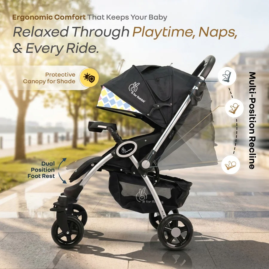 Chocolate Ride Stroller For Kids Reversible Handle, Multiple Recline Positions, Cup Holder with Meal Tray, 5 Point Safety Harness, Storage Basket - Black Multi - Image 5
