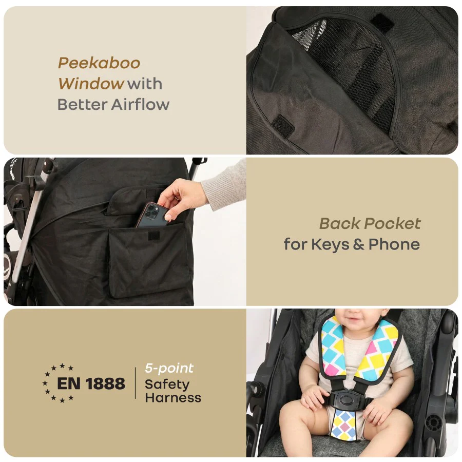 Chocolate Ride Stroller For Kids Reversible Handle, Multiple Recline Positions, Cup Holder with Meal Tray, 5 Point Safety Harness, Storage Basket - Black Multi - Image 8