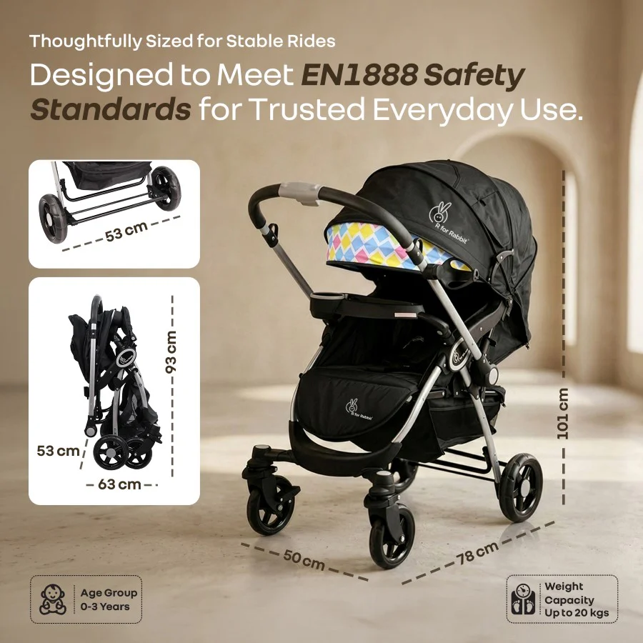 Chocolate Ride Stroller For Kids Reversible Handle, Multiple Recline Positions, Cup Holder with Meal Tray, 5 Point Safety Harness, Storage Basket - Black Multi - Image 9