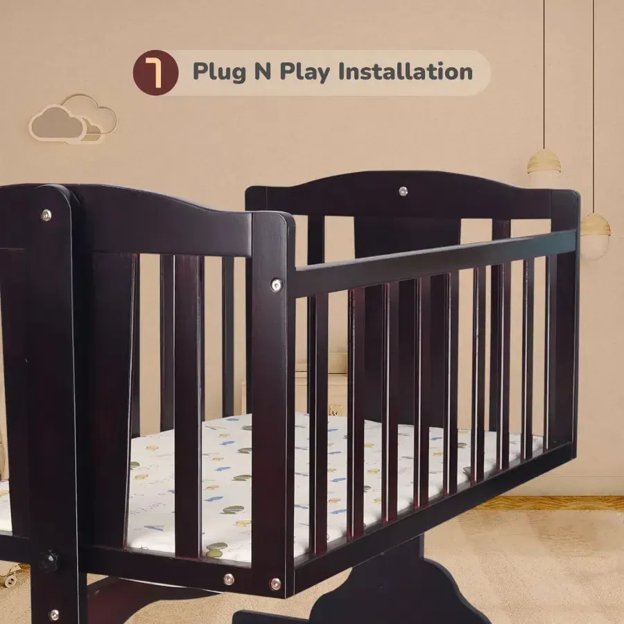 Dream Time Wooden Cradle - Swing & Wheel Lock, High Quality Pine Wood, Scratch Resistant - Image 7