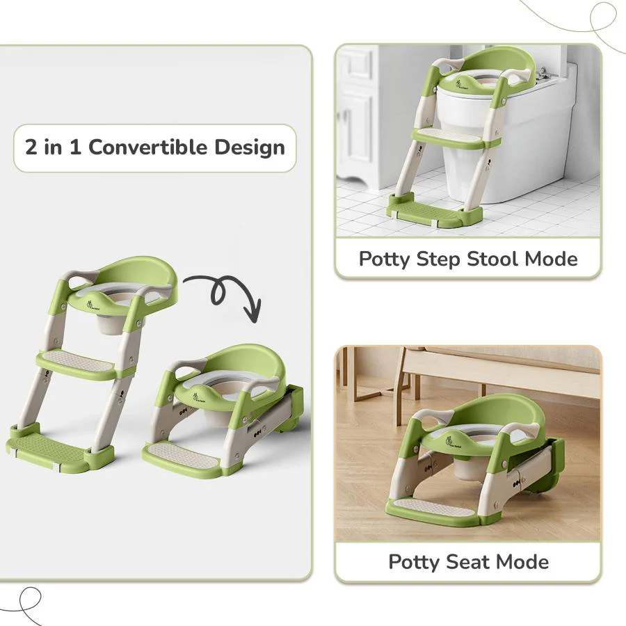 Hilltop Trainer 2-In-1 Step Stool And Potty Seat For Kids With Adjustable Height - Green White - Image 4