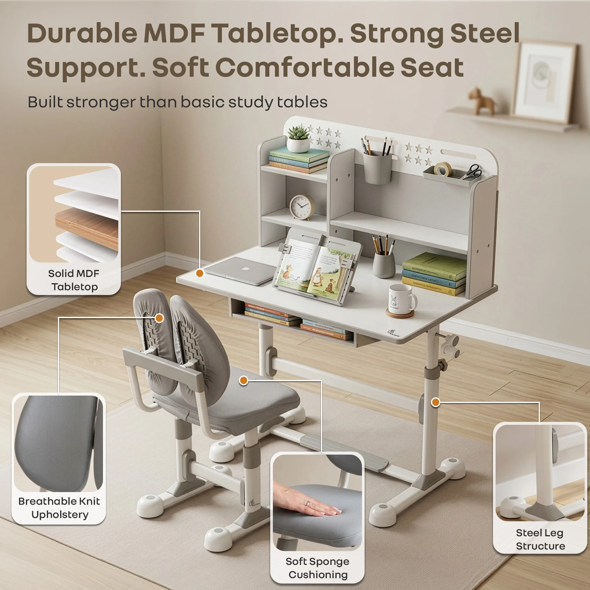 Kiddie Grow Flex Adjustable Kids Study Table with Chair – Ergonomic Desk with Storage Shelves, Drawer, Spacious Tabletop & Height Adjustment for Growing Kids (3–15 Years) - Image 8