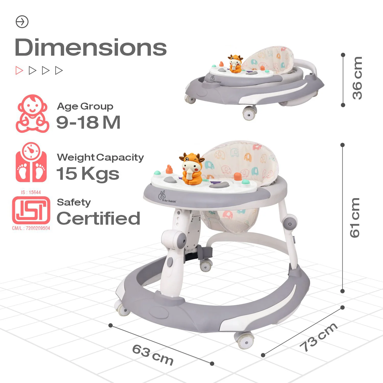 Little Feet Plus Walker - Detachable Toy Bar With Music & Light - Grey White - Image 7