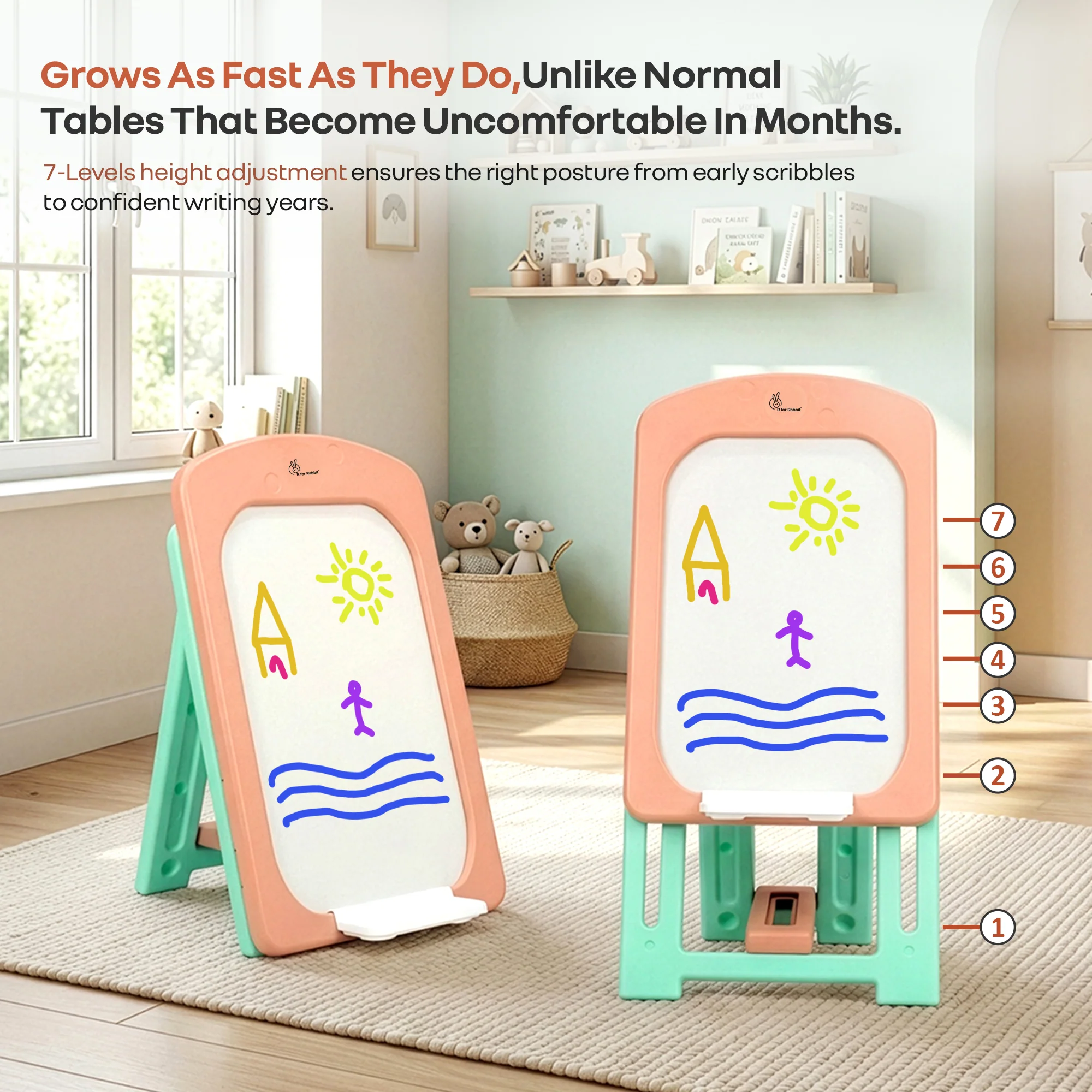Little Genius Doodle Duo Whiteboard & Chair Set for 3–7 Years, 7-Level Height Adjustable, Foldable Study Table, Upto 40 kg - Image 12