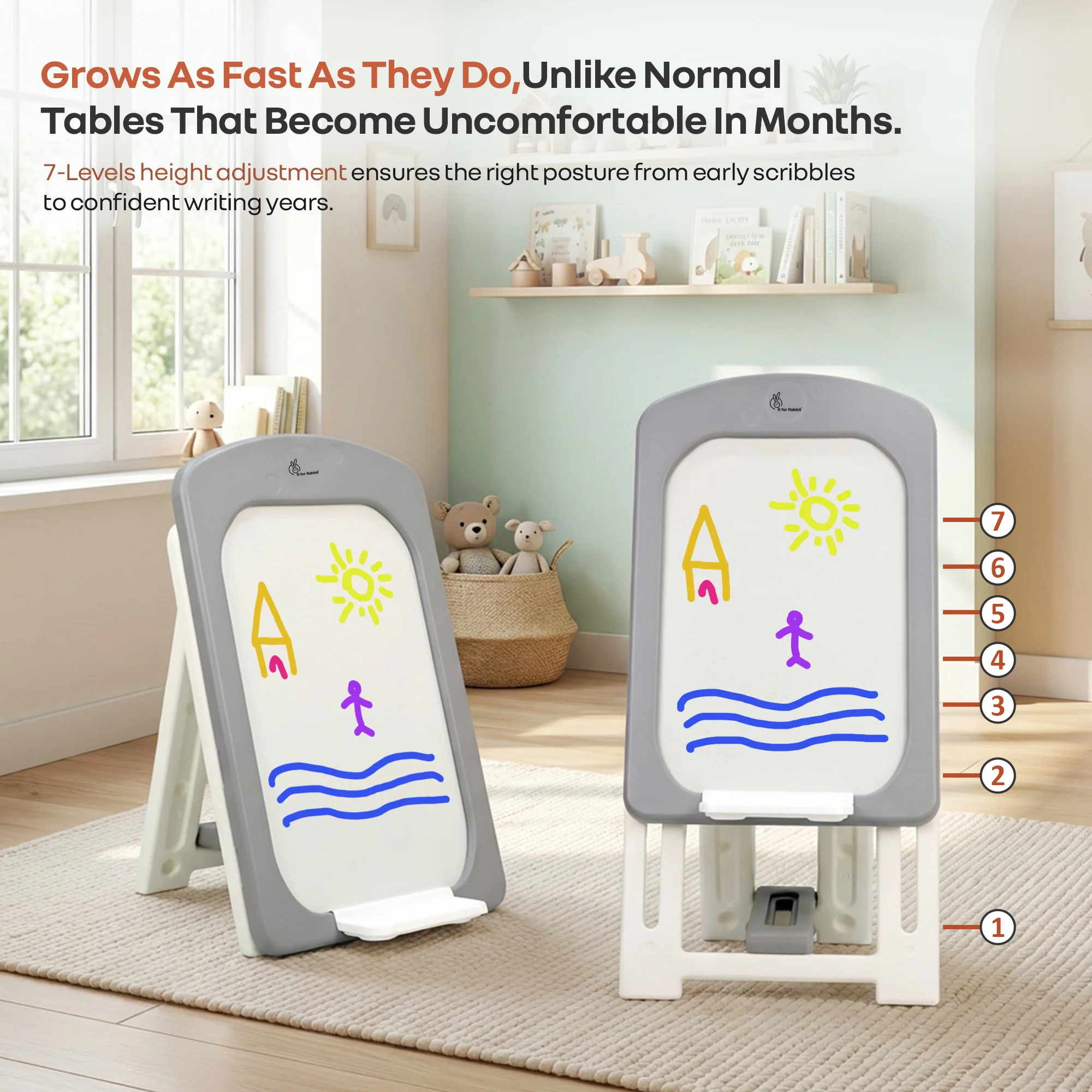 Little Genius Doodle Duo Whiteboard & Chair Set for 3–7 Years, 7-Level Height Adjustable, Foldable Study Table, Upto 40 kg - Image 3