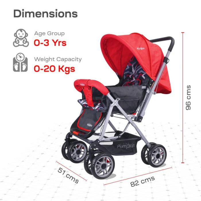 Kiddie Kingdom Stroller 3 Position Recline, Easy Fold, Reversible Handle, Rear Wheel Brakes - Red Black - Image 3