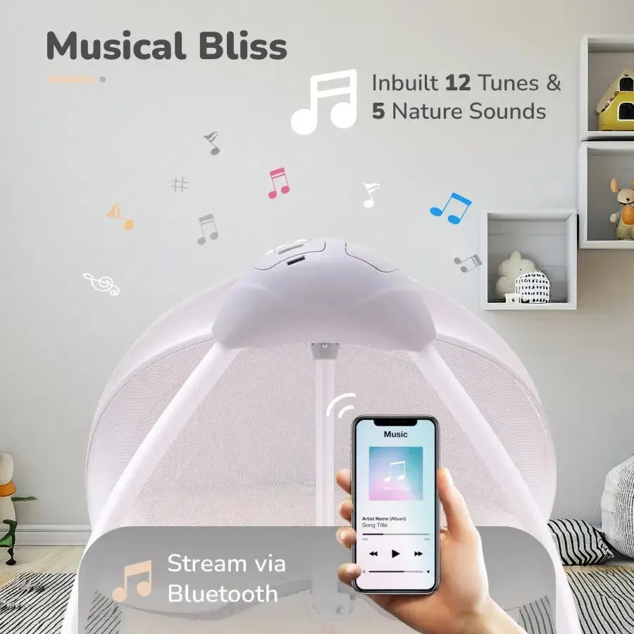 Lullabies Cradle - Auto Swing With Remote Control, 16 In-Built Soothing Music Tunes, Mosquito Net Baby Cradle, 3-Point Safety, Swing Lock - Image 13