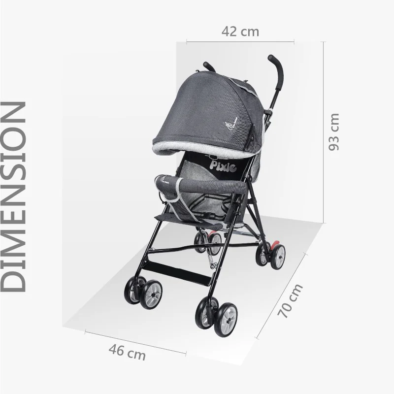 Pixie Buggy Stroller Easy to Fold and Store, UV Sun Protection Canopy, Rear Brakes, Storage Bag - Black Grey - Image 3