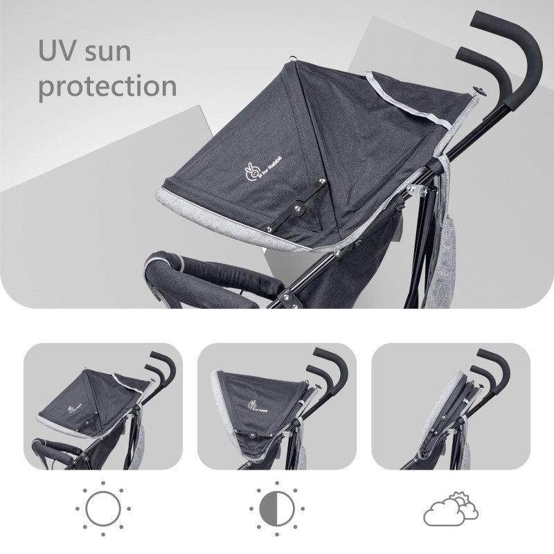 Pixie Buggy Stroller Easy to Fold and Store, UV Sun Protection Canopy, Rear Brakes, Storage Bag - Black Grey - Image 4