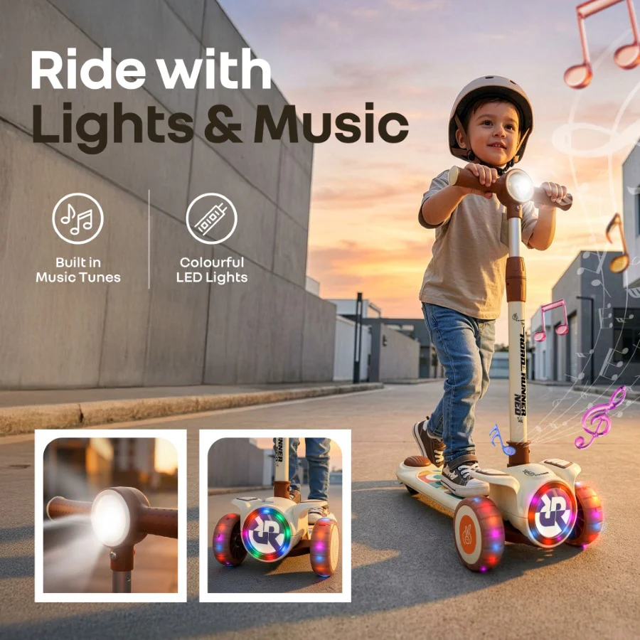 Road Runner Neo Kids Scooter with LED PU Wheels, Music, Gravity Steering, 4-Level Height Adjustment & BIS Certified Safety (3+ Years) - Image 11
