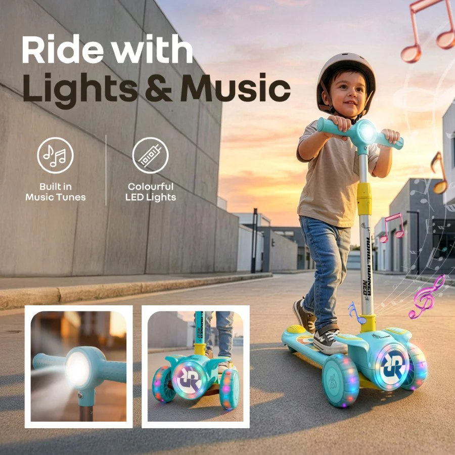 Road Runner Neo Kids Scooter with LED PU Wheels, Music, Gravity Steering, 4-Level Height Adjustment & BIS Certified Safety (3+ Years) - Image 29