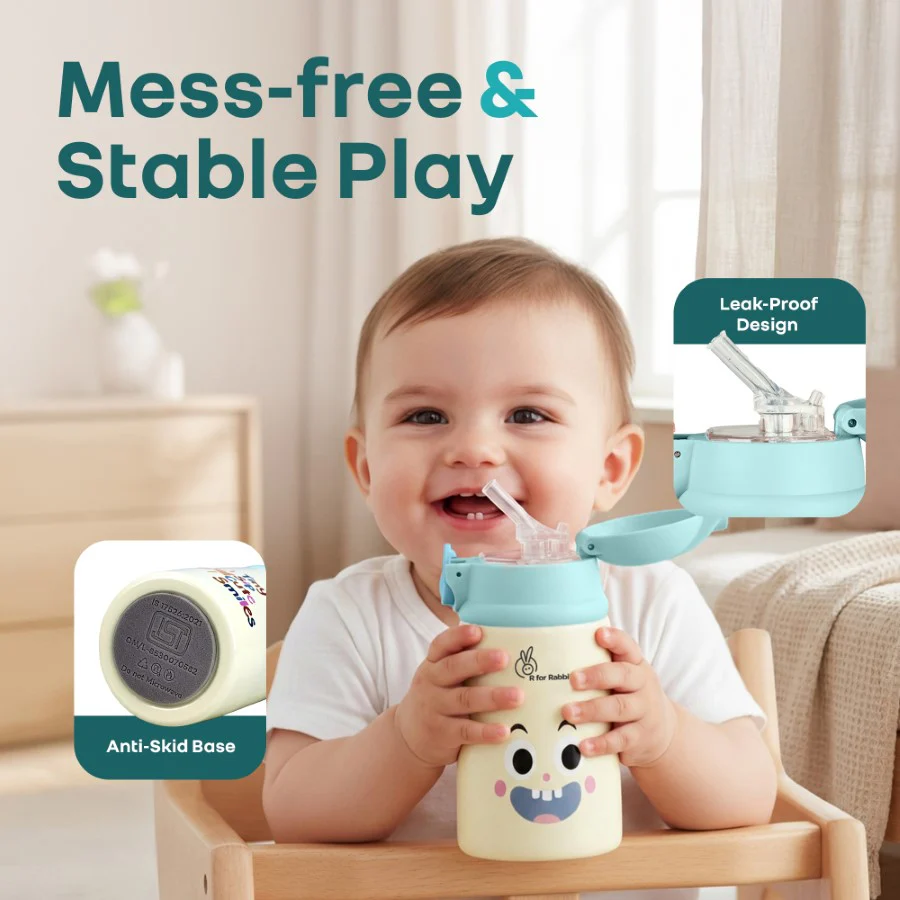 Steebo Smiley 300ml Stainless Steel Straw Sipper Bottle for Babies with 304 Double Wall Insulation, BPA-Free Silicone Straw, Leak-Proof Lid & BIS Certified Safety (9+ Months) - Image 12