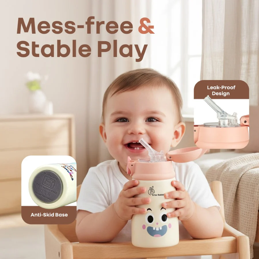 Steebo Smiley 300ml Stainless Steel Straw Sipper Bottle for Babies with 304 Double Wall Insulation, BPA-Free Silicone Straw, Leak-Proof Lid & BIS Certified Safety (9+ Months) - Image 3