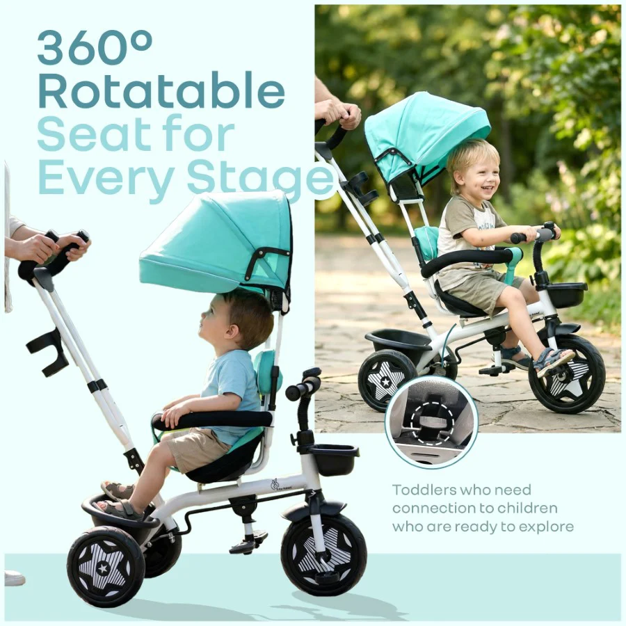 Tiny Toes R40 Ace 360° Rotatable Seat Baby Tricycle with Parent Control Handle, Adjustable Canopy & EVA Wheels (2–5 Years) - Image 11