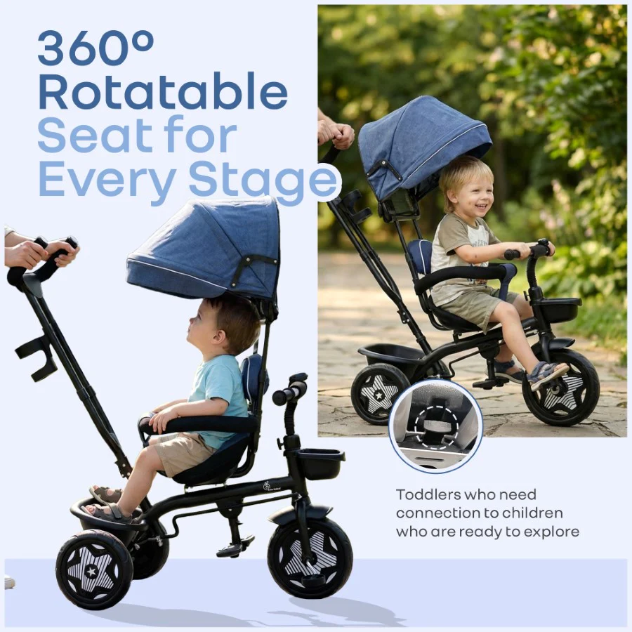 Tiny Toes R40 Ace 360° Rotatable Seat Baby Tricycle with Parent Control Handle, Adjustable Canopy & EVA Wheels (2–5 Years) - Image 3