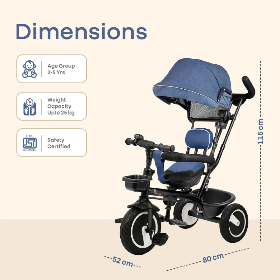 Tiny Toes R40 Plus Baby Tricycle with Canopy, Footrests, Plug-N-Play Wheels & Adjustable Parent Handle (Up to 25 kg) - Image 8