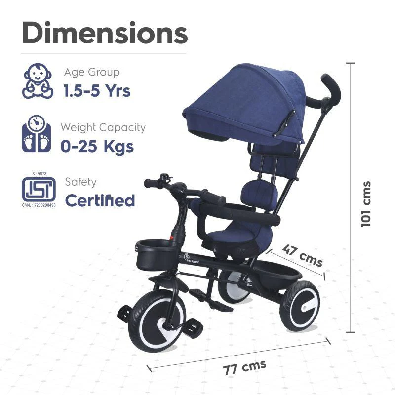 Tiny Toes T30 Ace Tricycle - 3 in 1, Adjustable Parental Control & Canopy, Front & Rear Basket - Image 13