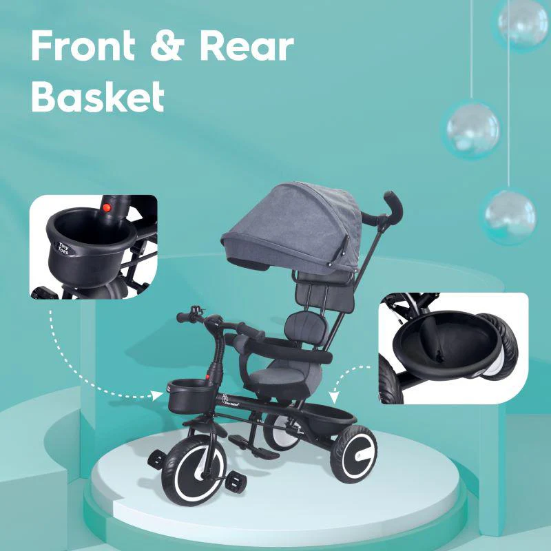 Tiny Toes T30 Ace Tricycle - 3 in 1, Adjustable Parental Control & Canopy, Front & Rear Basket - Image 18