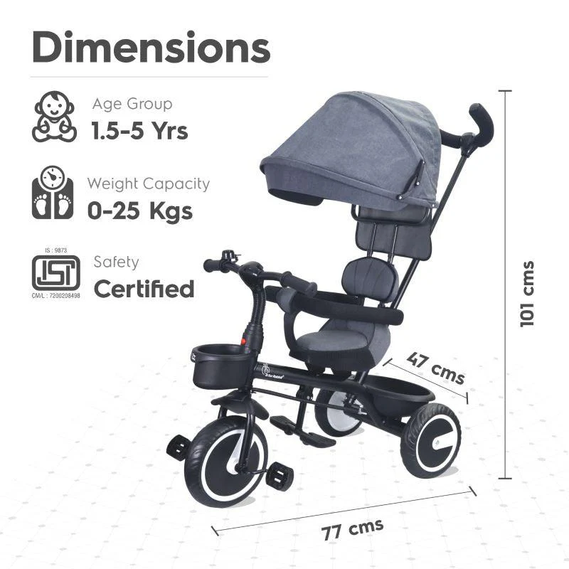 Tiny Toes T30 Ace Tricycle - 3 in 1, Adjustable Parental Control & Canopy, Front & Rear Basket - Image 21