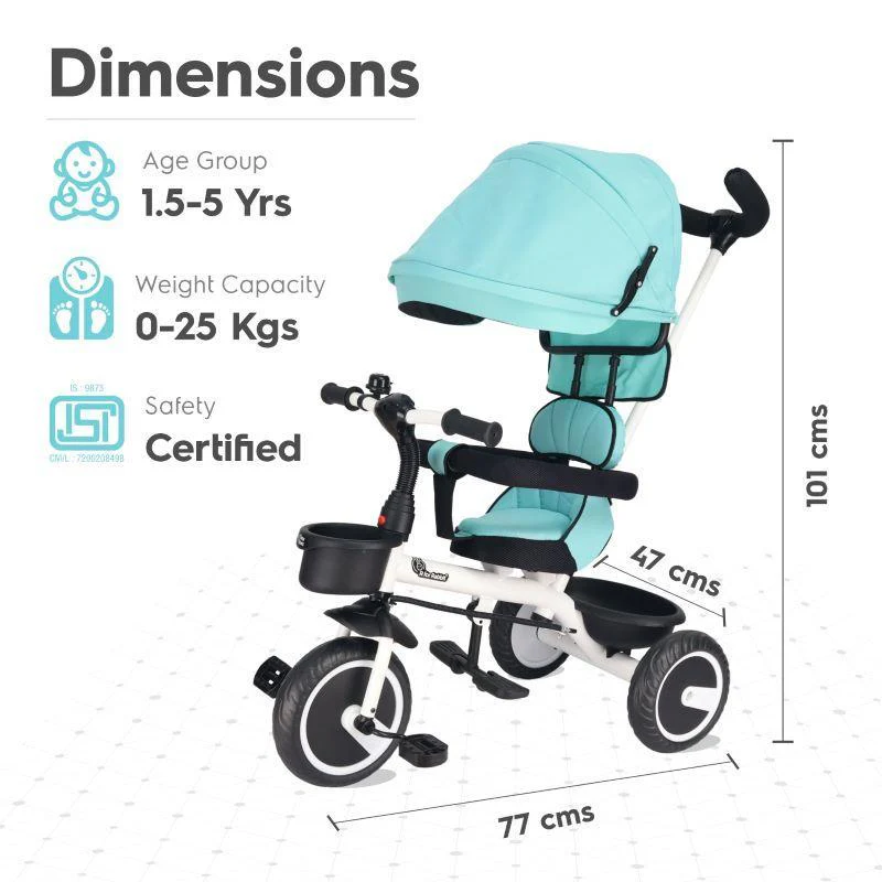 Tiny Toes T30 Ace Tricycle - 3 in 1, Adjustable Parental Control & Canopy, Front & Rear Basket - Image 30