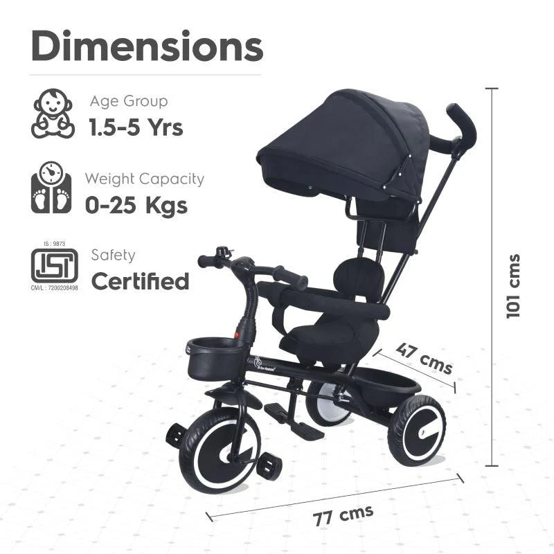 Tiny Toes T30 Ace Tricycle - 3 in 1, Adjustable Parental Control & Canopy, Front & Rear Basket - Image 5